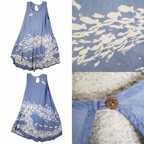 JP and Mattie Women’s Dress Sleeveless Cotton Light Blue Fish Flowy One Size - Picture 1 of 9